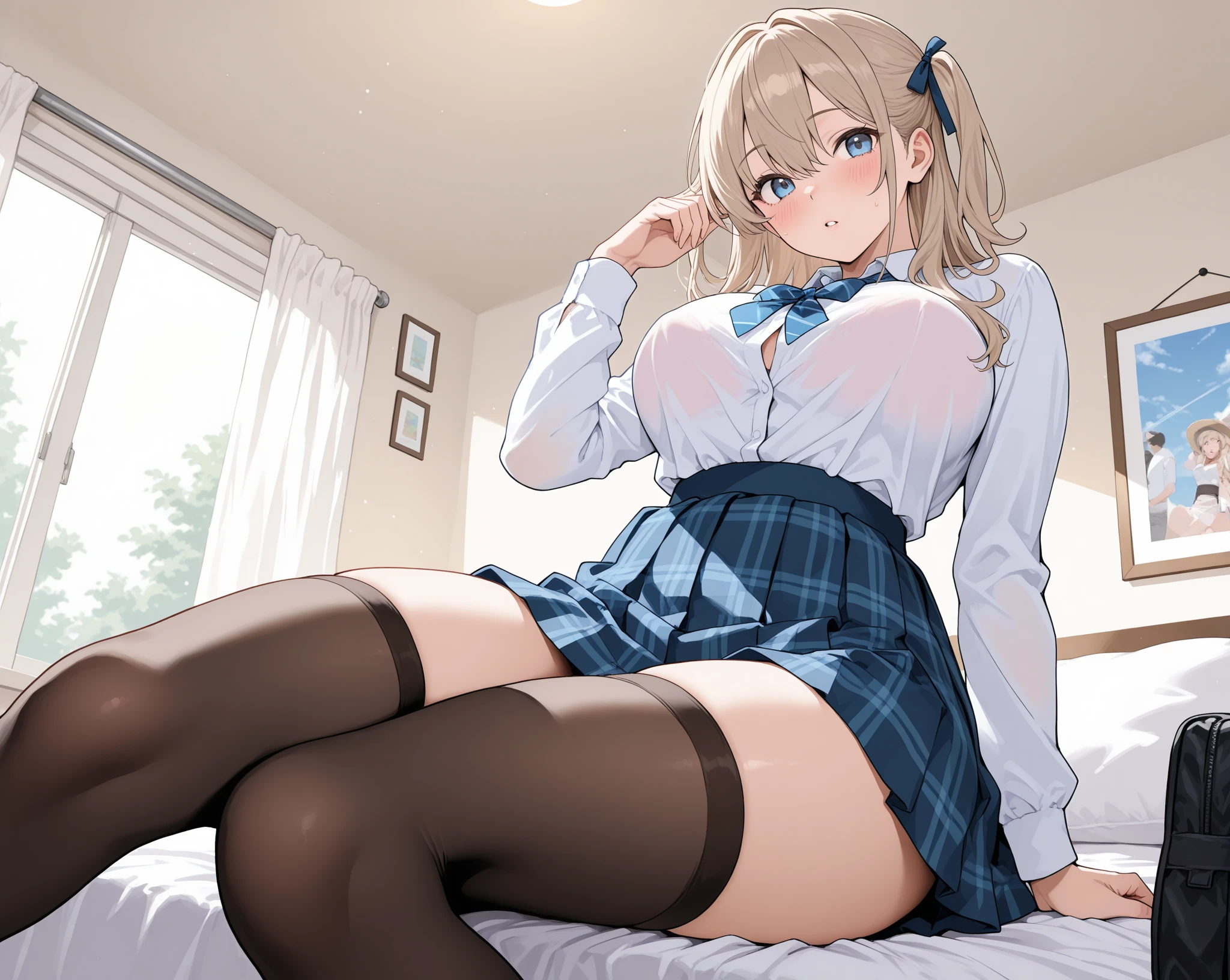 Shy blonde school girl, laying in bed, legs spread, open legs, plaid skirt, tight wet white panties, black stockings, eyes crossed, drooling, tongue out