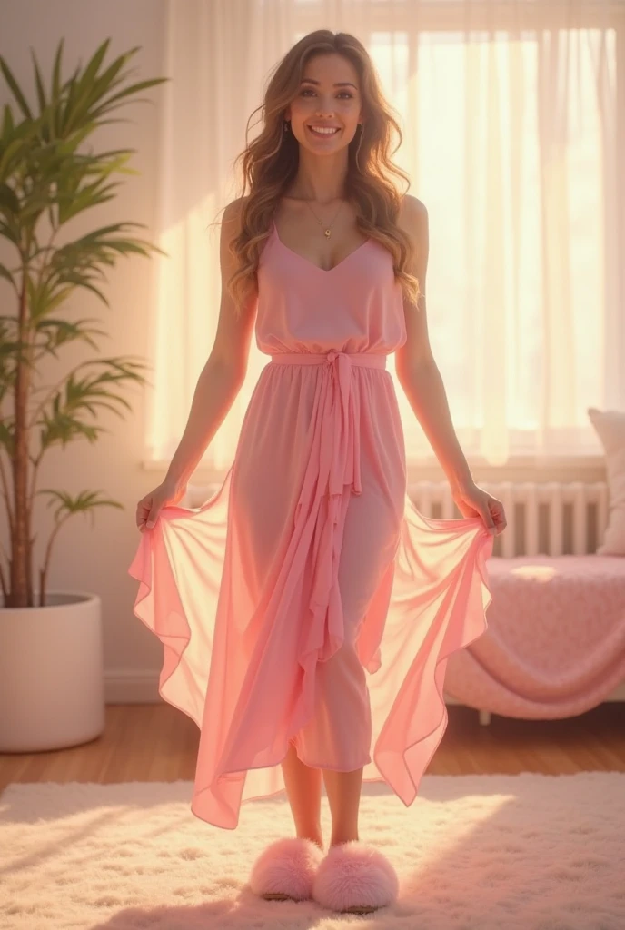 8K, masterpiece, raw photo, best quality, realistic, extremely detailed CG unity 8K wallpaper, depth of field, cinematic light, lens flare, ray tracing, (very beautiful face, beautiful lips, beautiful eyes), A face with intricate details, ((highly detailed skin)) 1 woman, in the dark, deep shadows, pretty asian girl, Idol,(Very slim, slender fit and muscular body.:1.3), ((looking at viewer)),(big smile:1.3), (cityscape, blurred background), (rushlight, rooftop, veranda), Pretty Woman, earring, bracelet, necklace, clear eyes, walking , Frontal shots, (pale skin), heading forward, (big eyes), ((full body shot)), ((Pink silk)), ((See-through red sleeping gown:1.3)), (brown hair) (looking at viewer:1.3), open chest, open your belly button, medium chest, shine , (see through, red pajamas :1.3), veranda, (naked), (Lace stockings), turn around, ((back shot))