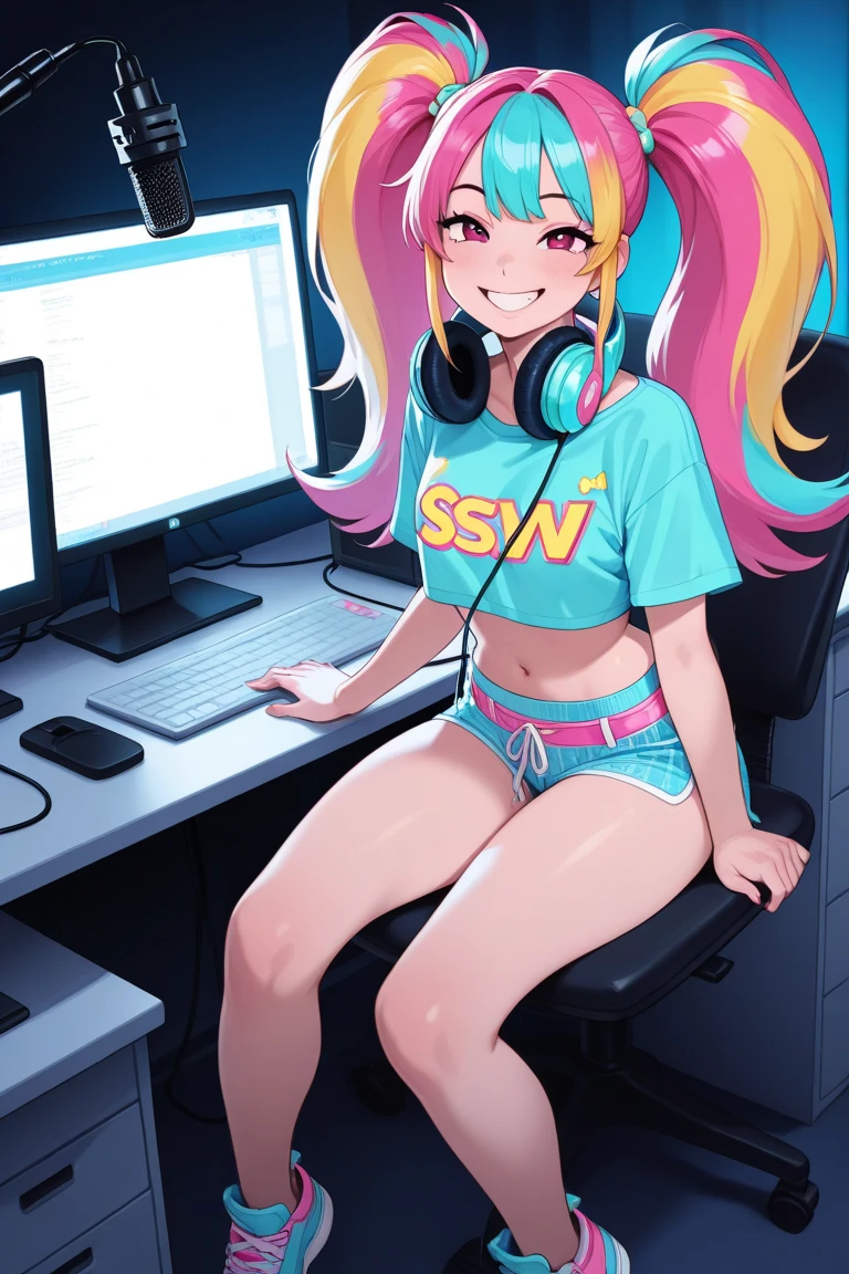 1girl, loli, cute, pink eyes, collar, masterpiece, HD, full body view, smile, sexy, teasing look, flat chested, , ponitail, punk rock, rapper, baseball cap, blonde hair, dyed hair streaks, blonde wolf ears, blonde dog tail, long hair, cute, fangs, bratty, tattoo, chihuahua, basement, computer desk, dark lighting, monster energy, digital artist, choker, dark room, sitting at pc, computer, drawing digitally, artist anime girl, pink hair streaks, no light, underground, dark room, dim lighting, tail