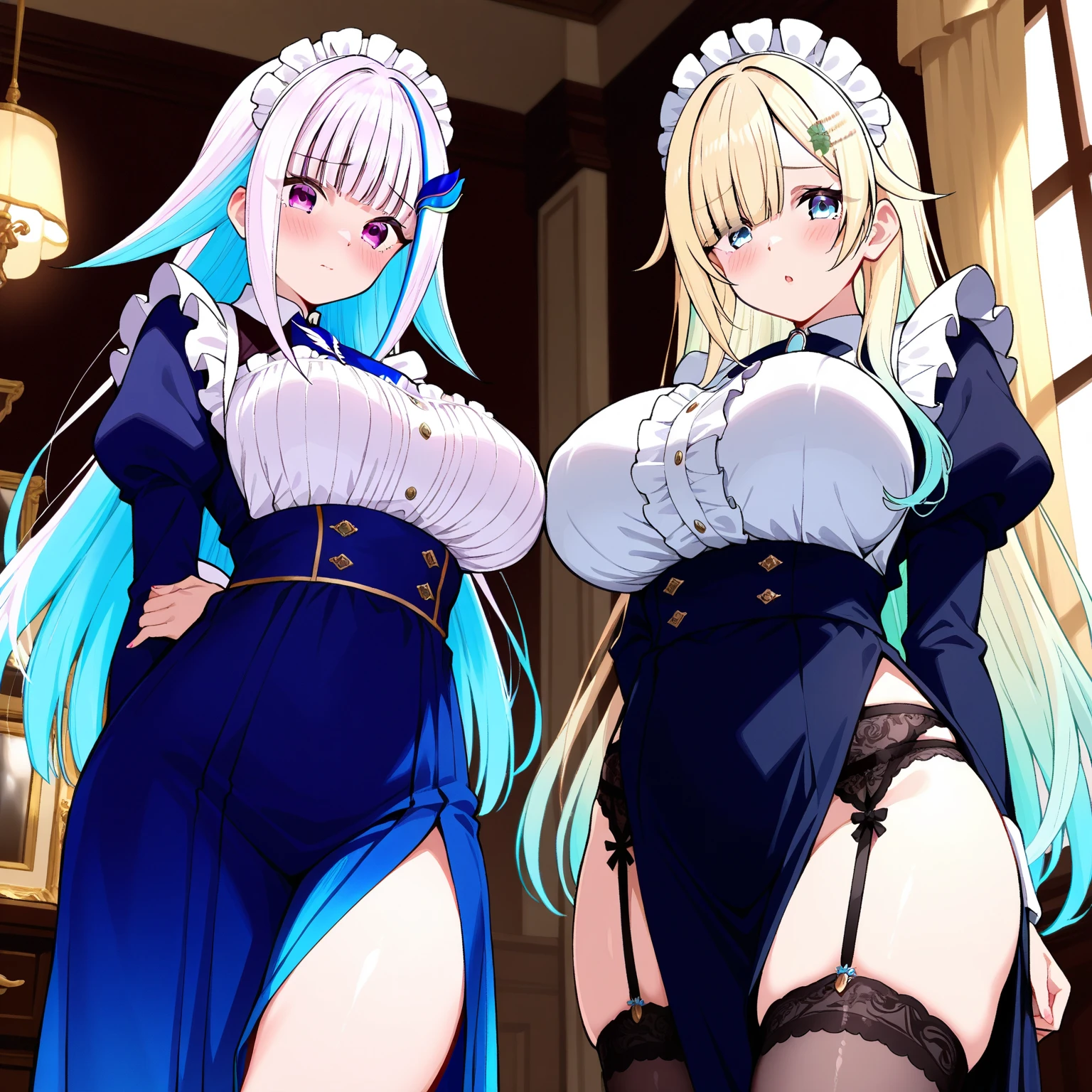 Super detailed、highest quality、Best image quality、masterpiece、8K、(two women lined up:1.5)、Anime Face、A kind smile、Open Mouth、Sparkling Blue Eyes、(Long blonde wavy hair:1.5)、Heavy bangs、Wearing a maid headband、(NSFW giant)、Cowboy Shot、(Wearing a white thong:1.3)、Muscles of the whole body、Knee-high socks