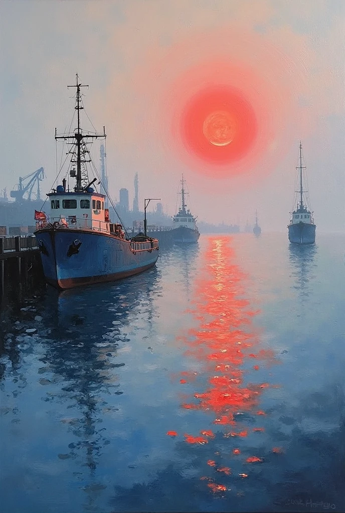 sunset with a fishing boat and seagulls painted in watercolor technique