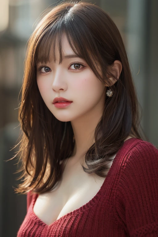 masutepiece, Best Quality, Illustration, Ultra-detailed, finedetail, hight resolution, 8K Wallpaper, Perfect dynamic composition, Beautiful detailed eyes, Natural lips, Red knitted dress , Big breasts, cleavage