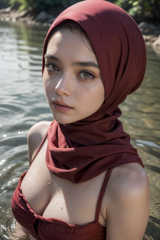 ((Chubby:1.3)), ((HIJAB)), (Best Quality, hight resolution, Realistic:1.37), Detailed face and expression, The Frightened Woman, pixie cut, sickly, Worn-out appearance, Swamp environment, standingn, Seductively drowning in a swamp, Distressed flared satin, cloudy water, Sinking Feeling, gloomy atmosphere, Foggy surroundings, dark shadows, A Surreal Touch, soft-lighting, creepy ambiance, can't cope with shame