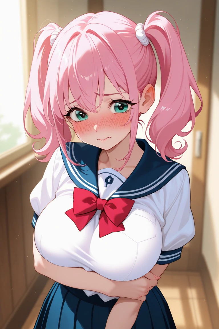 mastute piece,Best Quality,insanely detailed,8k cg,
shoot upper body,
1girl,standing,body in front,looking at viewer,(transparent serafuku:1.2,sailor hat),
blush,shy,(trembling:1.2),pink hair,break,open mouth,large breast,classroom,