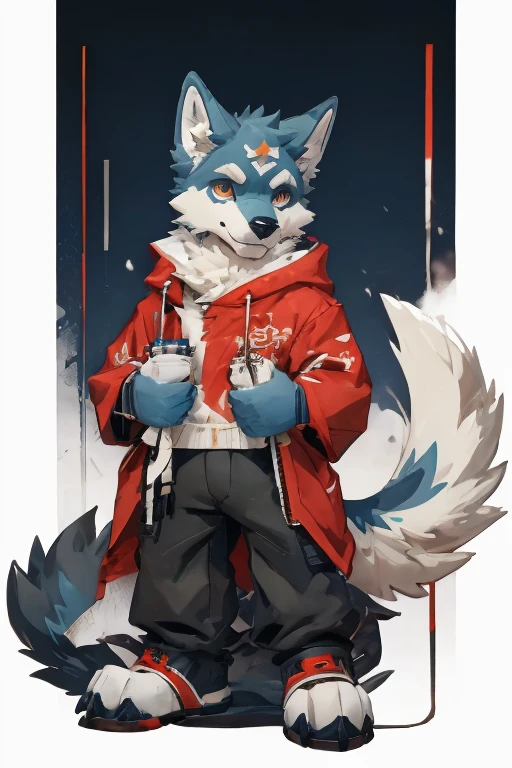 Human-wolf，Muscular，Full Body Furry，paws with claws，pass upright，The upper body is naked，Short sweatpants，detailed back ground