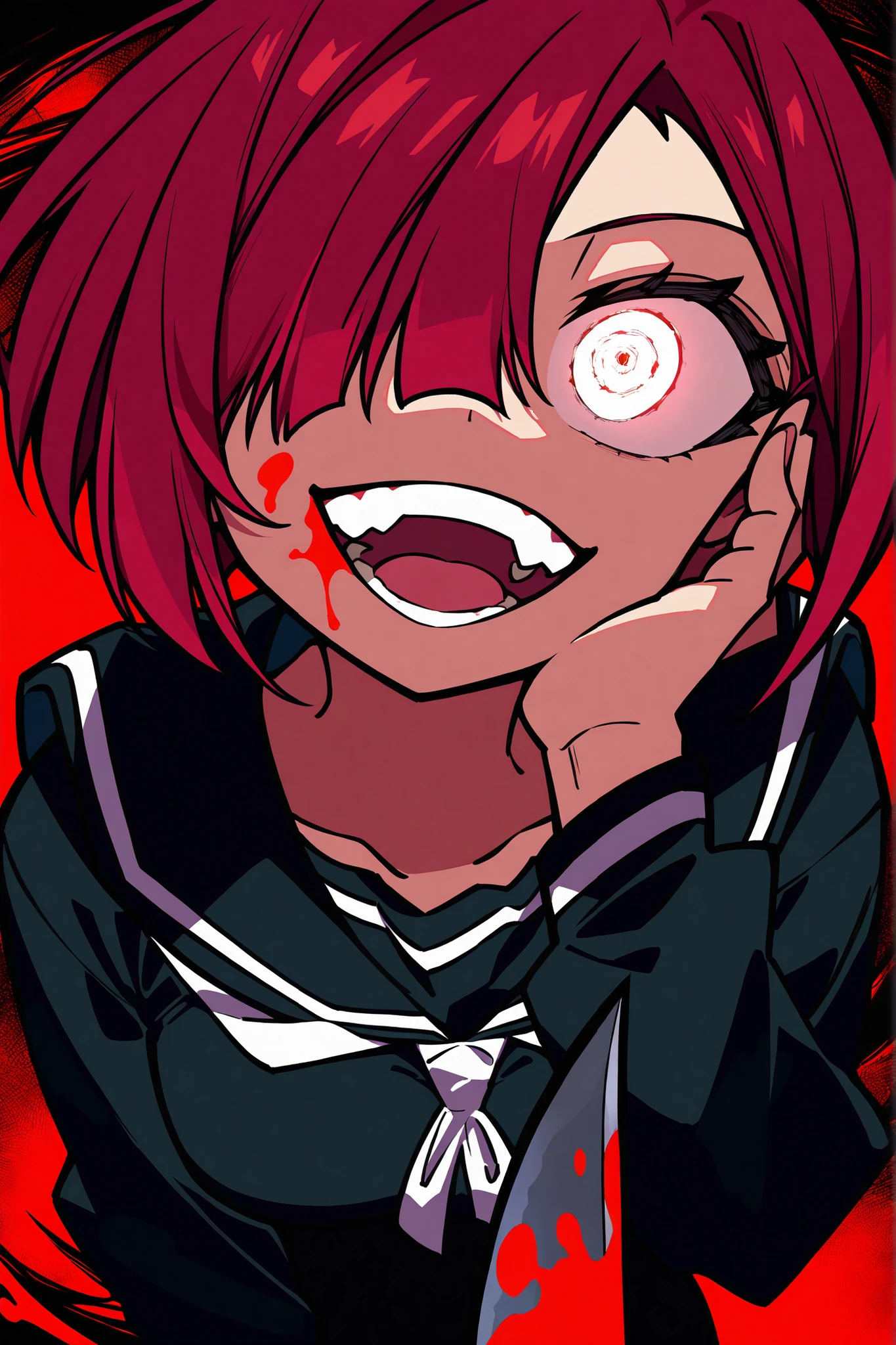 masterpiece, best quality, amazing quality, hyper-detailed, very aesthetic, absurdres, highres, miaomiao_hwm, 1girl, solo, red hair, short asymmetrical bobcut, hair over eye, asymmetrical bangs, medium breasts, black seifuku, teeth, open mouth, blood on face, smile, crazy eyes, holding knife, hand on own cheek, upper body, red background, backlighting, from above, glowing eyes, motion blur, close-up, (dutch angle)