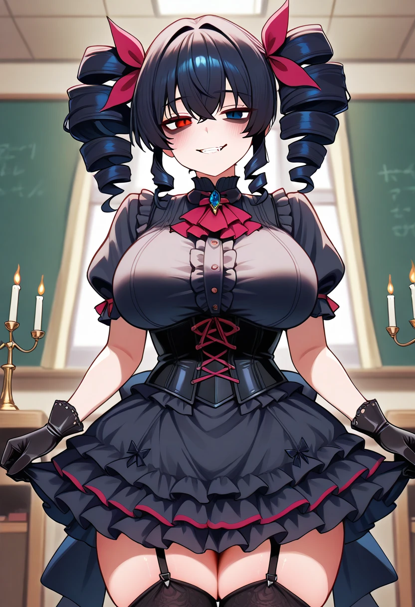 Sexy Latex outfit, with black demon horns, having sex, seductive smile , red eyes, in classroom, mind control by succubus, black hair