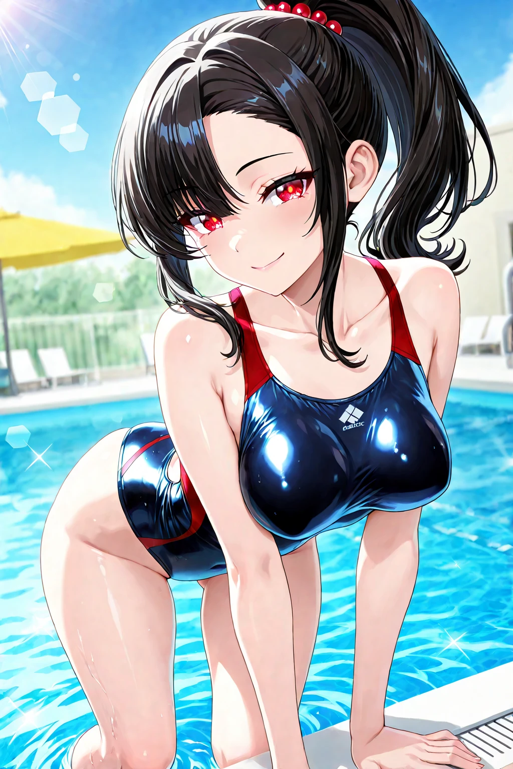 Highest quality、High resolution、Detailed Background、Draw the face in great detail、Beautiful girl in her 20s、Cute hair colors、Sexy competition swimwear、Perfect body line、Olympic、Swimmers compete in a variety of styles in the pool