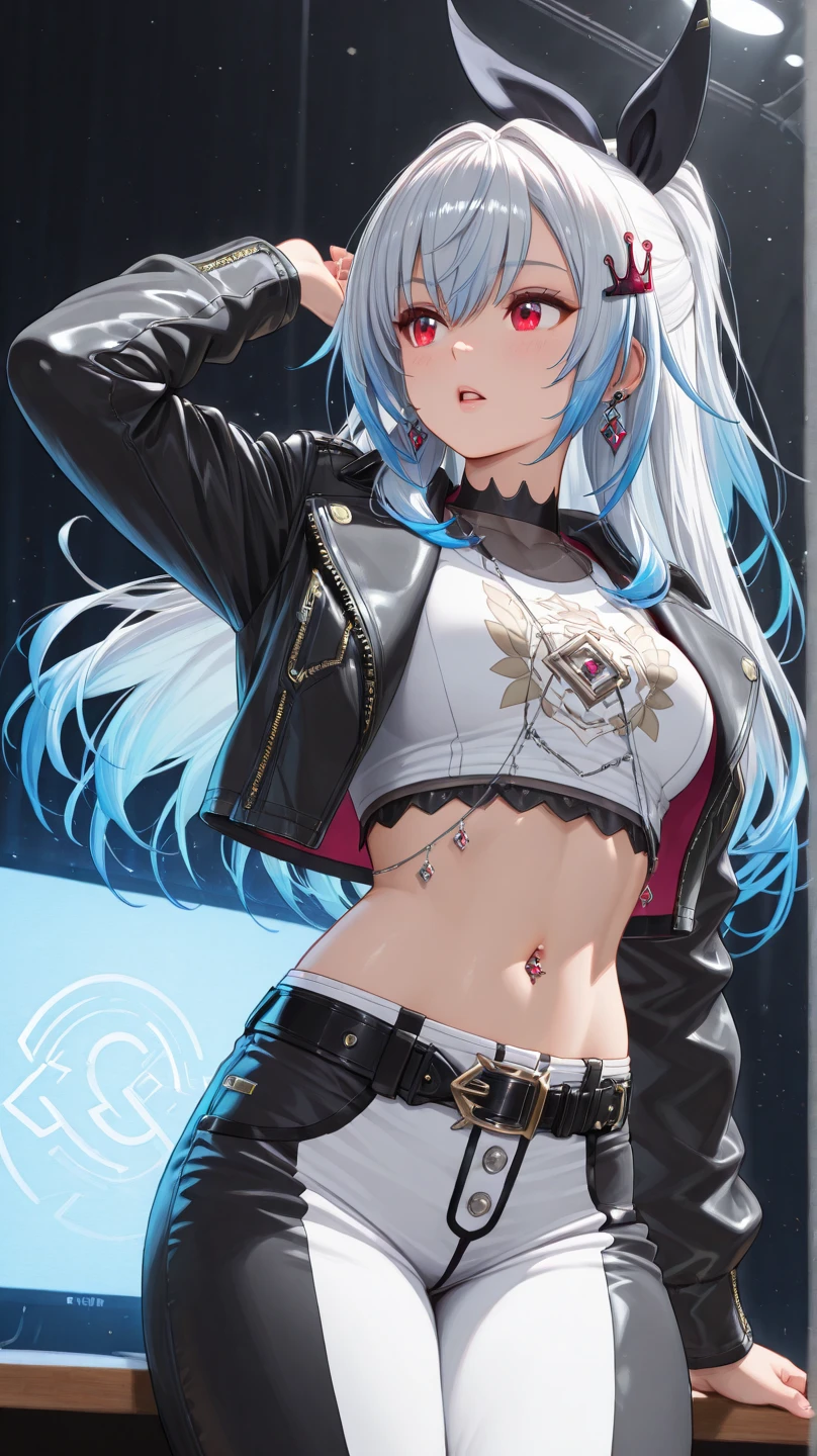 young girl, long gray hair, cat ears, Yellow eyes, Smile, tattoo, Tight blue fantasy shirt, open belly, Blue Fantasy Shorts, Masterpiece, hiquality, 4k, HD, Good detail, plate boots, golden gauntlets, t shirt, skirt 