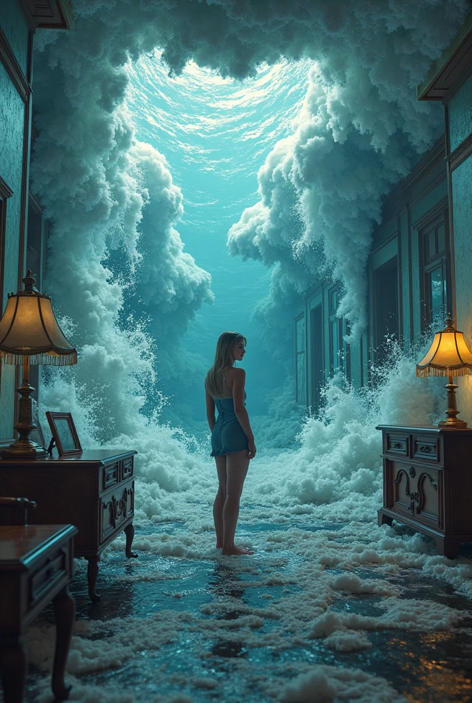 there is a woman floating in a room with a window, a hologram inspired by Elsa Bleda, unsplash, surrealism, under water visual distortion, still from a music video, thalassophobia, suspended underwater, virtual metaverse room, floating under water, astral projection, surreal photo, underwater perspective, photo taken in 2 0 2 0, highly detailed surreal vfx