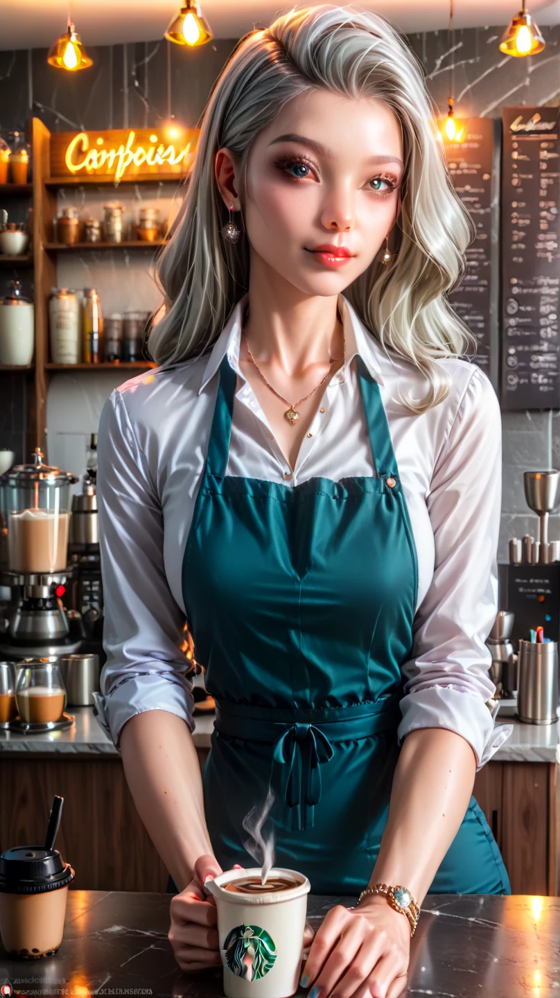nsfw, (Ultra highest resolution), (Ultra highest quality), (Very detailed), (Very clear), (Realistic and natural light and shadow), (Very realistic textures and colors), (Natural composition with no sense of discomfort), (Accurate and natural human anatomy), maid cafe, One pretty girl, Huge and long breasts, Smooth and fine skin, coffee shop