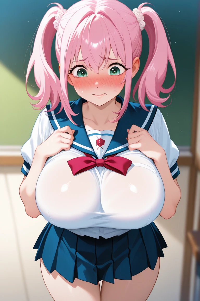 gigantic cleavage breasts,a sailor suit,On a crowded tram,Being touched on your breasts