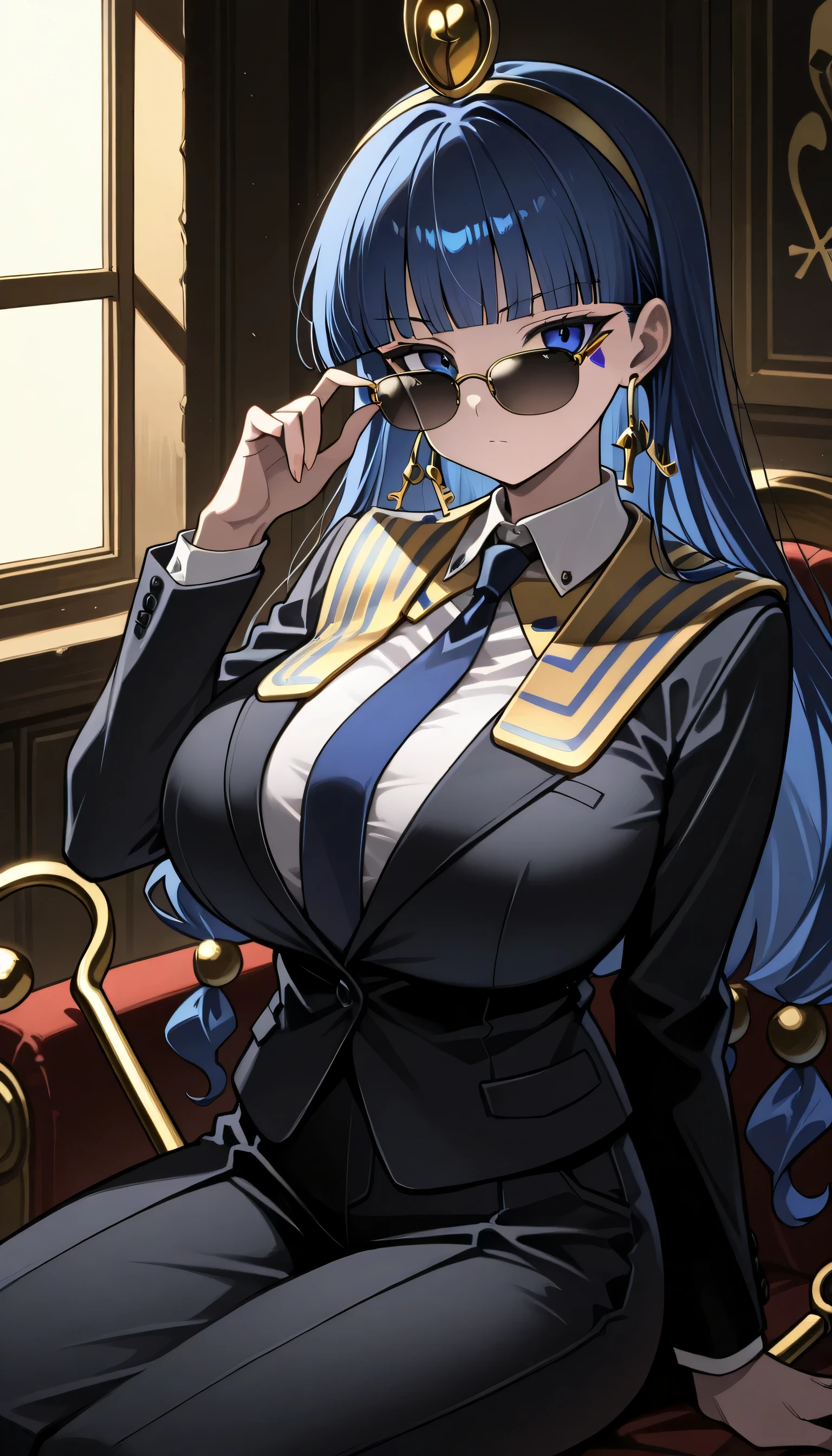 Give your images flat even illumination (negative) or dramatic chiaroscuro lighting (positive), 1girls, huge breasts solo, , sitting, looking_at_viewer, indoors, , window, solo, , sunglasses, suit, formal, necktie, , adjusting_eyewear, long_sleeves,michigami nareko, 1girl, solo, blue eyes, blue hair, low-tied long hair, blunt bangs, triangle facial mark,gold headdress, hair ornament, hoop earrings, usekh collar, gold jewelry,holding, ankh, scepter,