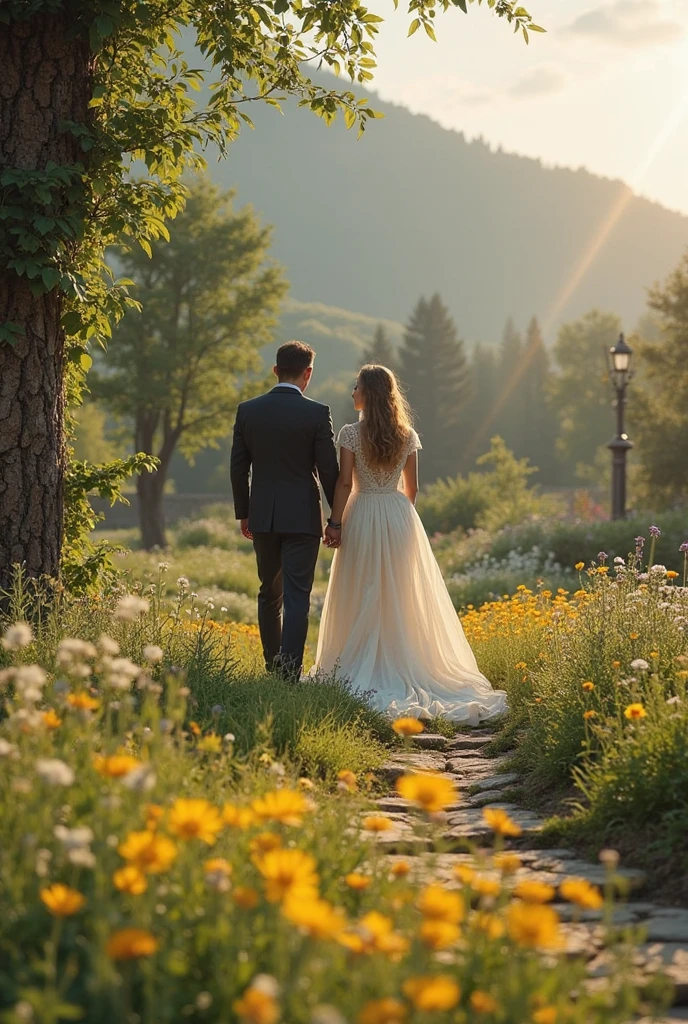 a beautiful man and woman couple, bride and groom walking away from camera, from behind, woman with long hair, blonde hair, man with dark hair, woman, holding wedding posy field of spring wild flowers, sunrise, high heels, dramatic light , Rembrandt lighting scheme, (hyperrealism:1.2), (photorealistic:1.2), shot with Canon EOS 5D Mark IV, detailed face, detailed hair