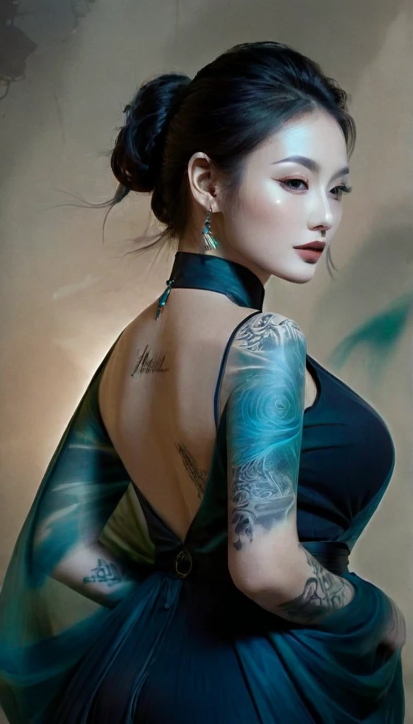 Double Exposure Style,Volumetric Lighting,a girl (Supermodel) with Wrap top,arching her back, beautiful tattoo, Traditional Attire,Artistic Calligraphy and Ink,light depth,dramatic atmospheric lighting,Volumetric Lighting,double image ghost effect,image combination,double exposure style,