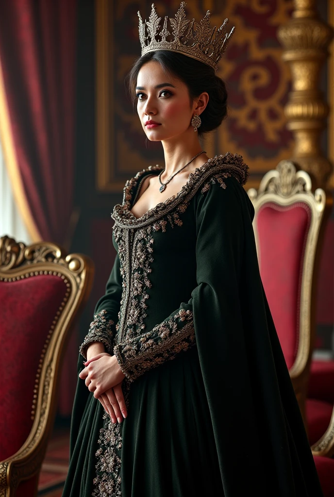 Here's a prompt describing Morgan le Fay's beauty with a focus on her face and body, set in the medieval Arthurian era:

"Depict Morgan le Fay, the legendary enchantress, with striking beauty and elegance, reflecting the grace of the medieval Arthurian era. Her face is captivating, with sharp, ethereal features, almond-shaped emerald eyes that hold a mesmerizing, mysterious gaze, and high cheekbones that add to her regal appearance. Her skin is pale and flawless, glowing with an otherworldly light. Her long, flowing raven-black hair cascades in waves, framing her face like a dark halo. 

She is adorned in a rich, emerald-green velvet gown that accentuates her hourglass figure, the fabric shimmering subtly in the light. The gown is intricately embroidered with gold thread, depicting ancient symbols of power and magic. Her waist is cinched by a delicate, jeweled belt, emphasizing her slender frame, while the gown's flowing sleeves and full skirt lend her an air of both grace and authority. A delicate, ornate crown rests on her head, further enhancing her regal presence. Her entire demeanor is one of both beauty and power, a perfect blend of enchantment and allure, fitting for the most famous sorceress of Arthurian legend."