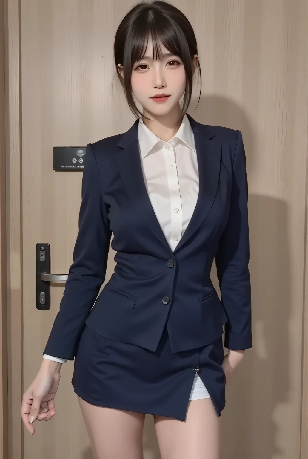 (very detailed CG Unity 8K wallpaper,masterpiece),(best lighting from above, Best Shadow, VERY DELICATE AND BEAUTIFUL),sf,( 1 girl taking a break ),blue eyes, (( bangs、short hair)), suits, フレアSkirt、Long leg、Standing picture, short hair, Wooden wall, (High Performance Female Android:2、 High Performance Female Cyborg :2)、Obedience、Obedience、subordinate, High Performance Humanoid:1.lim body、Big breasts、Skirt:2