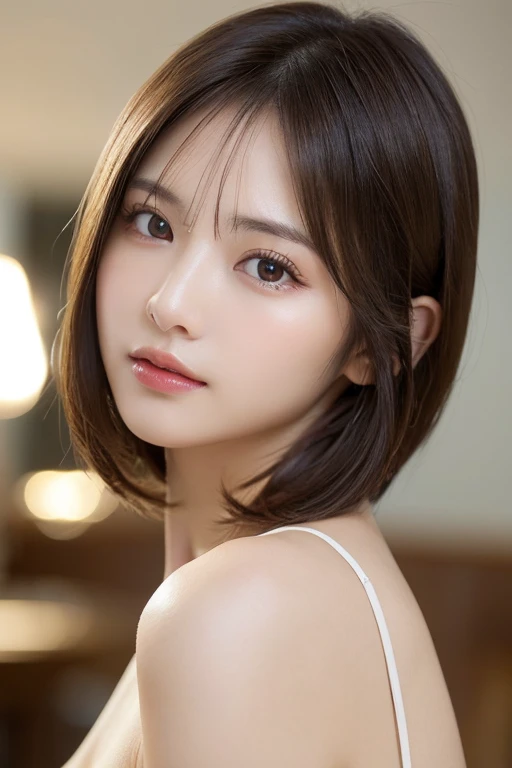 masterpiece, best quality, ultra-detailed, intricately detailed hyperdetailed, realistic, sharp features, highly detailed, sharp focus, 15 years old, (Japanese idol), perfect face, perfect symmetrically perfect eyes, perfect full lips, flexible female form, film light, hyper detailed, hyper realistic, high resolution, vibrant, dynamic studio lighting, short hair, Brown Hair, Shoulder Length Layered, asymmetrical bangs, brown Eyes, (Impish Smile:1.2), cowboy shot,