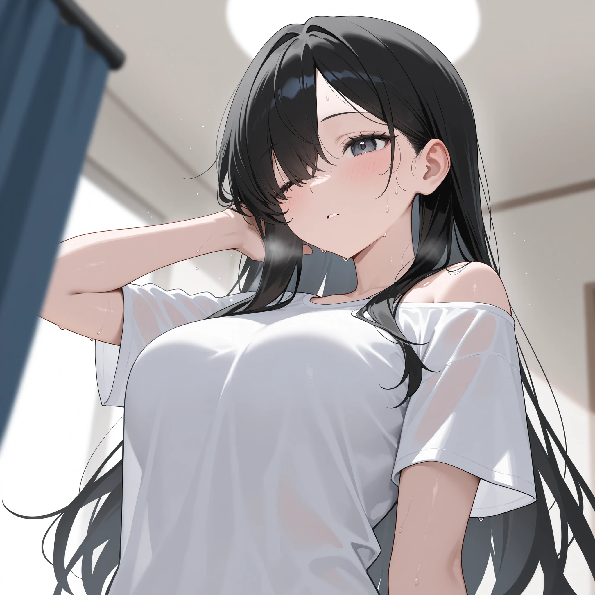 (see-through wet shirt, wet hair:1.2), side angle, (Resting hand on chin:1.3)、Upper Body, Realistic, real person, (pale skin: 1.2), RAW photo, photorealistic, portrait photography, shiny skin, japanese idol、shiny hair、(25 year old woman with medium hair with bangs) and (wavy hair) and (brown hair) and (orange eyes) , plain white t-shirt 、(surprised:1.3), open mouth, The background is the entrance of the apartment at night.、Alone、Are standing