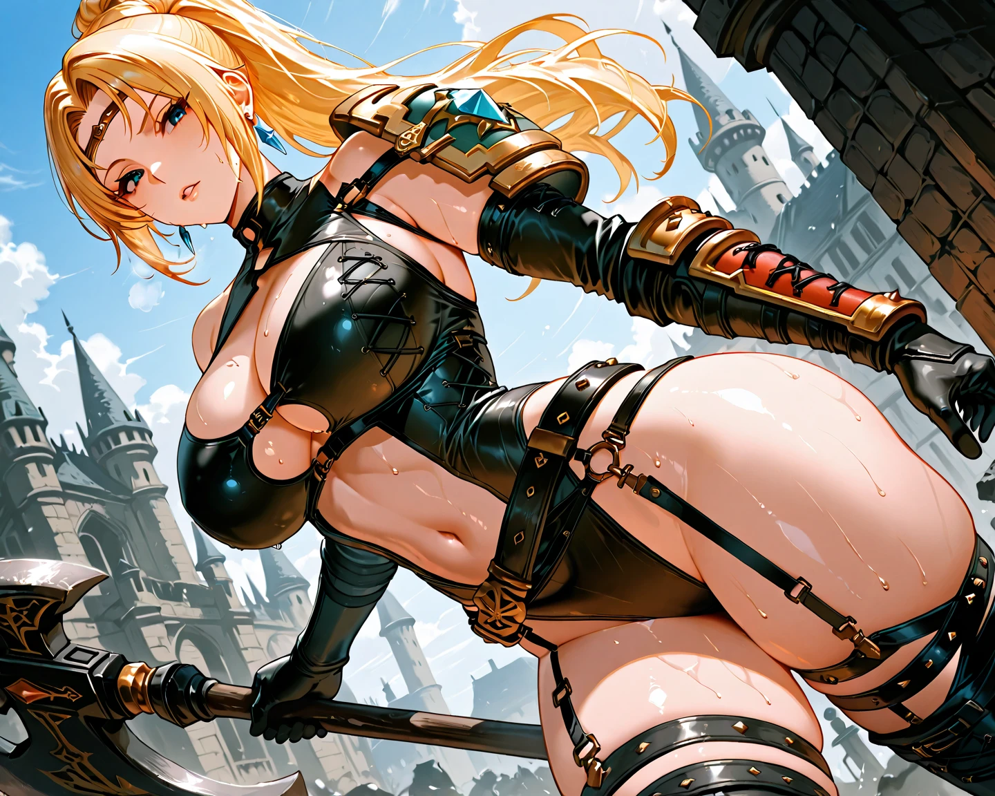 ((masterpiece)), ((high quality)), ((super detailed)), ((high resolution)) ,((8k)), a beautiful woman, ((She is one of the most famous female Dark knight)), unparalleled beauty, ((huge breast)), ((large ass)), ((deep cleavage)), slim waist, chest out, ultra detailed face, perfect skin, (((long blonde straight hair))), blue eyes, detailed eyes, whole body image, (((anime))), ((glamorous)), 21 years old, ((incredibly beautiful woman)), ((The I cup bust)), ((((bikini armor)))), ((beautiful breasts)), beautiful legs, 8 life size, anime, the most beautiful and strongest, ((charm)), ((Grown-up face)), ((Perfect fingers)), ((Bewitching)), ((A young heroine)), ((((from below)))),