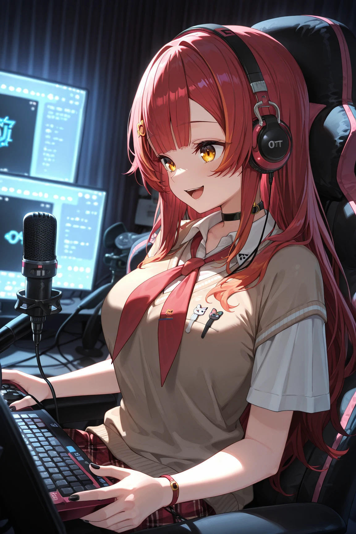 girl,15 years old,Orange long hair,earphone,Very thin,thin legs,Inside the programming studio,write the code,in front of computer,sitting,whole body,Waist-baring coat,Pleated miniskirt,Bare legs,The legs are very thin,Leg rings,The faint vest line,The waist is thin