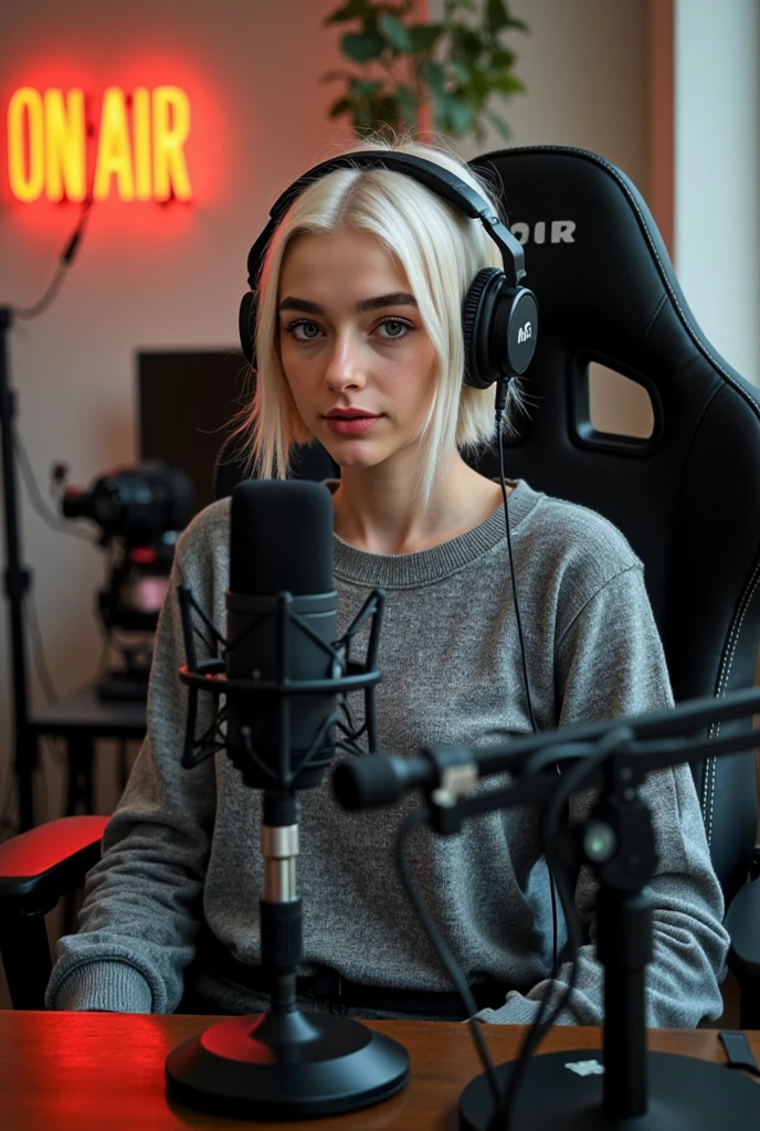 young blonde of 22 years, sitting in a gaming chair, gaming headphones with microphone, hyperrealistic