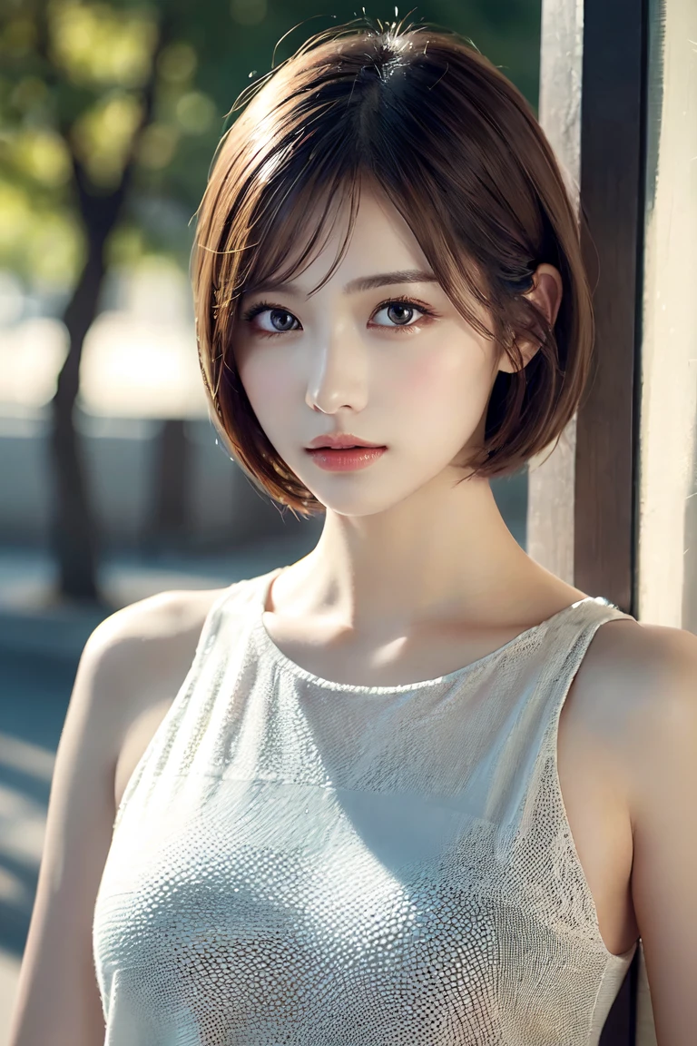 ((Best quality, 8k, Masterpiece :1.3)), Sharp focus :1.2, A pretty woman with perfect figure :1.4, Slender abs :1.2, ((Layered haircut, Big breasts :1.2)), (Tank top shirt :1.1), (Street :1.2), Highly detailed face and skin texture, Detailed eyes, Double eyelid