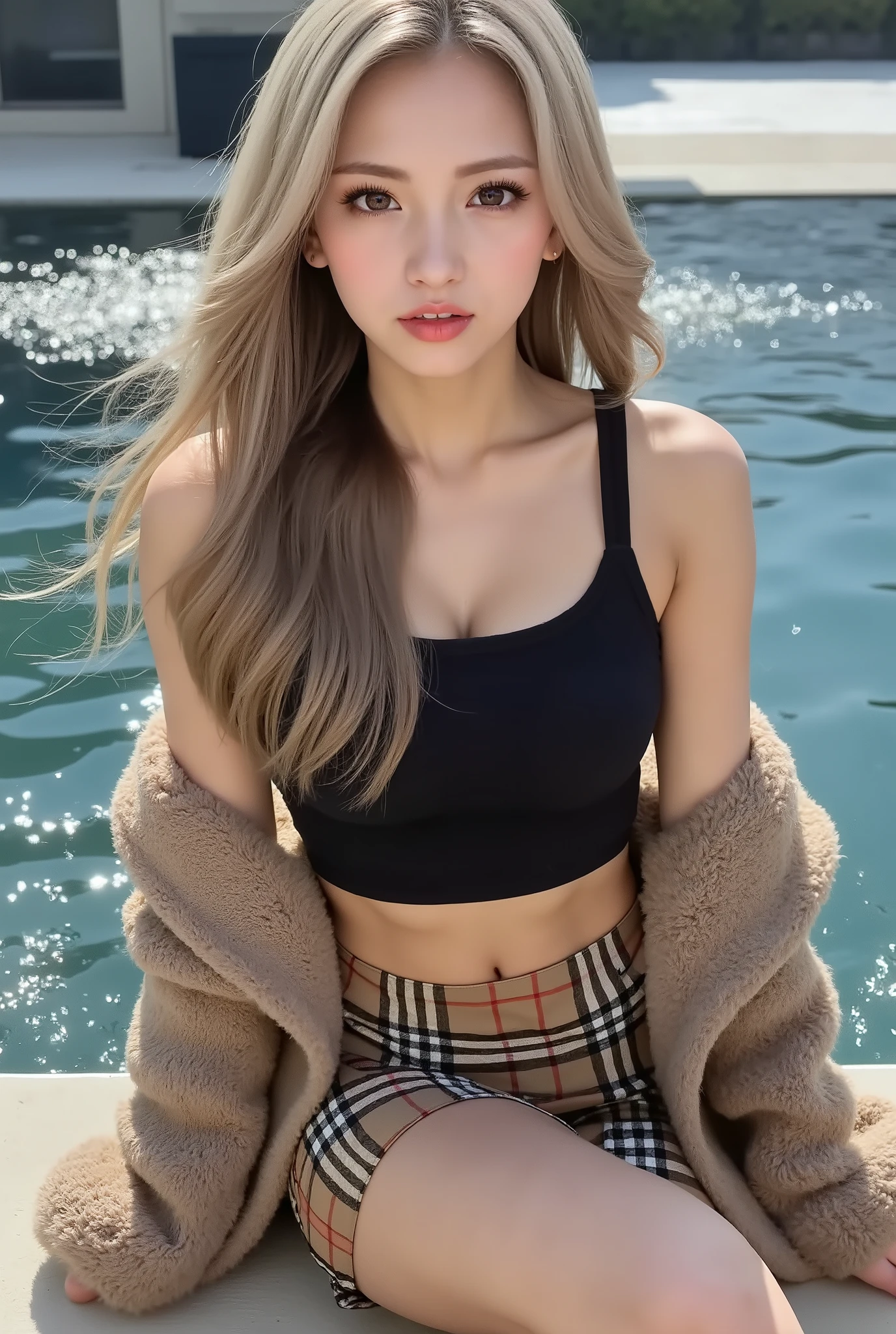 Cool Beauty, blonde, shiny, silky, wavy long hair,Passionate and explicit expression, charming eyes, Transcendental Style , Big breasts:Gcap,Tight Hips,wearing a black wide crop top with open shoulders and an oversized knit, fluffy, girly sweater, Burberry check flared skirt, black thigh high boots, The background is sparkling water droplets reflecting the sun's rays, Ultra Detailed, Absolute Determination, masterpiece