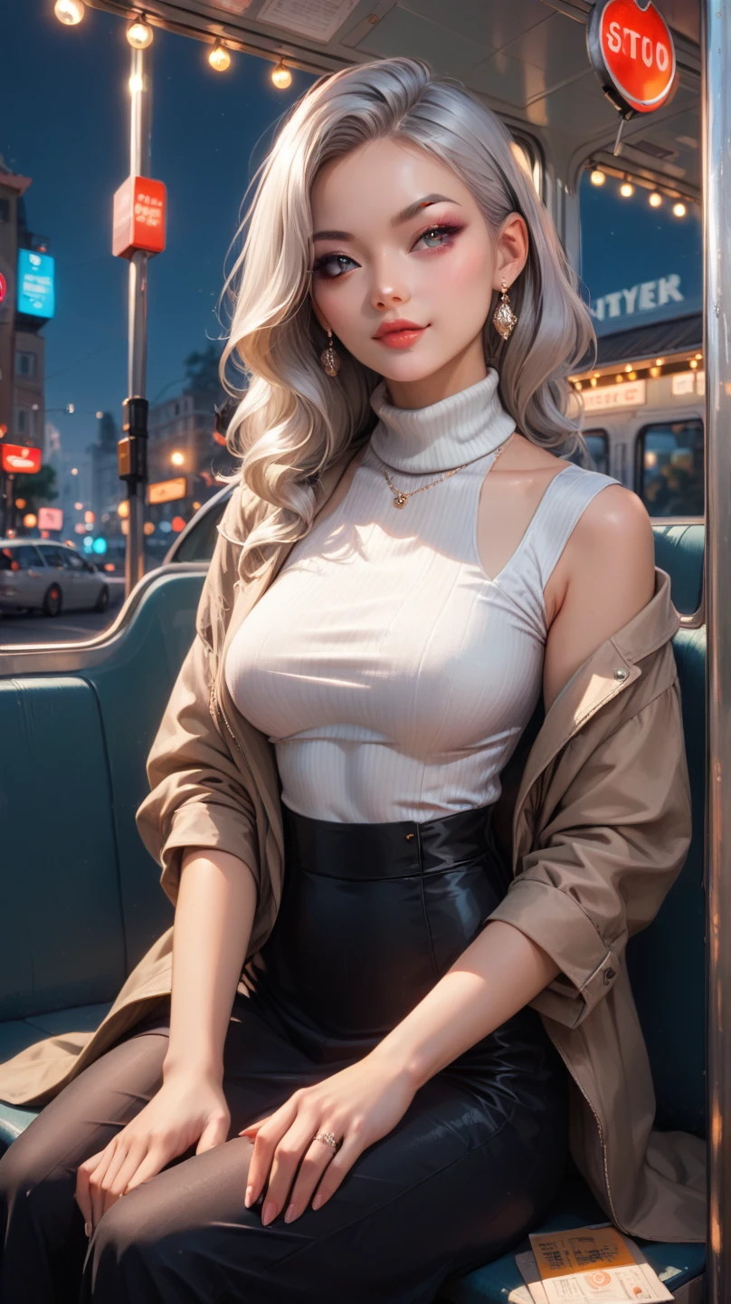 sitting, inside metro train, silver color, white ultra short pants, head and full body, Extremely cute human eighteen year old girl, no legging, very beautiful and feminine, short, petite, beautiful breast, small, busty buttocks, large bust, cleavage display, flat belly display, partial helmet with antenna on the ear, very stylish, award-winning product design, tights, White shiny breast top opens at the cleavage and abdomen, stylish, glowing trims, atmospheric perspective, 8k, super detail, Accurate, best quality