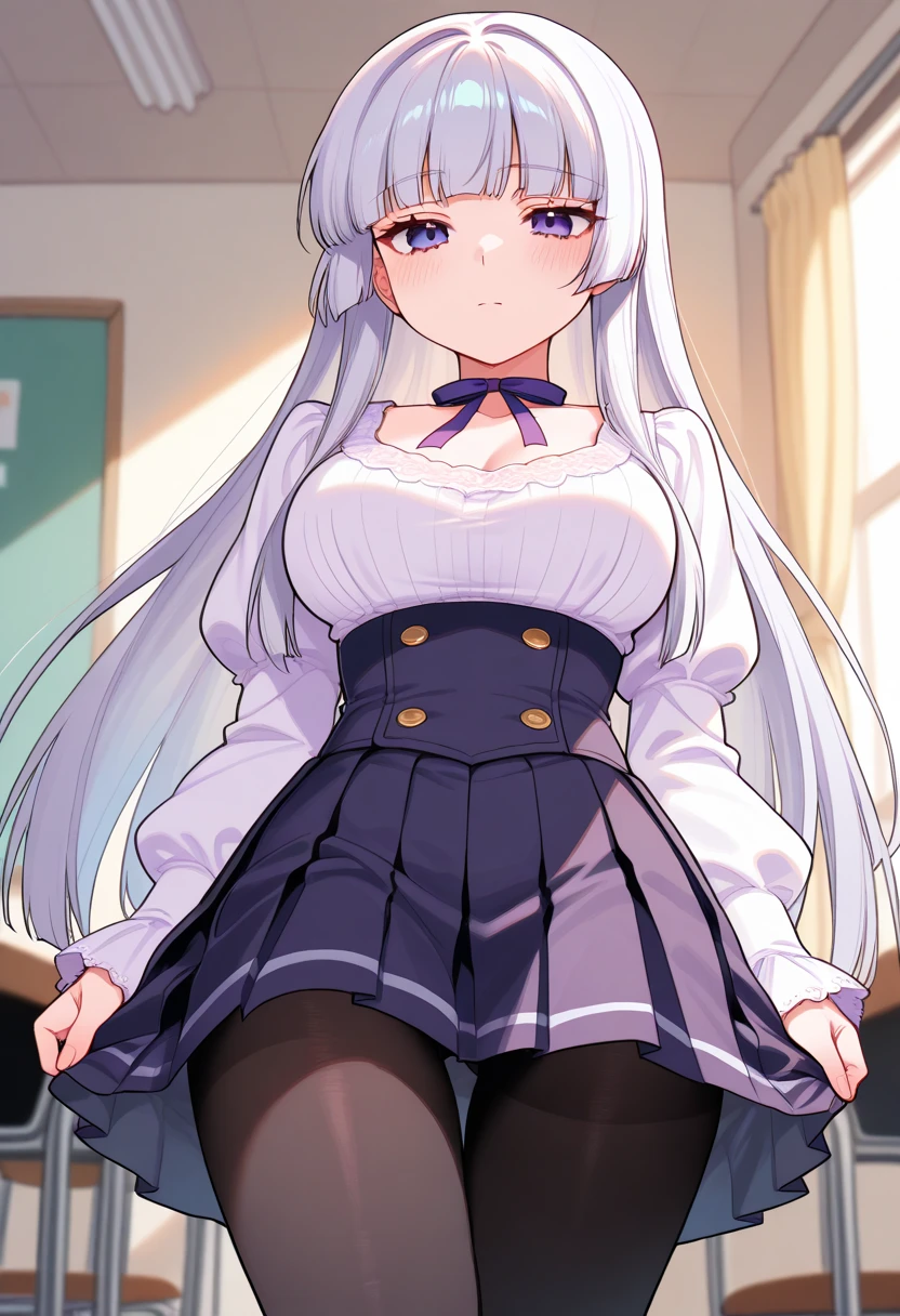 (solo), (416_GirlsFrontline), skinny girl, BREAK, (disproportionately huge breasts:1.5), bursting breasts, narrow shoulders, narrow waist, (skinny long legs), arms behind back, BREAK, (dark purple jacket), (flapping very short high-waist skirt), thigh gap, (black thighhighs), BREAK, smile for viewer, embarrassed, nose blush, (nsfw:0.7), slipping white panty, (pussy juice dripping down), (orgasm)