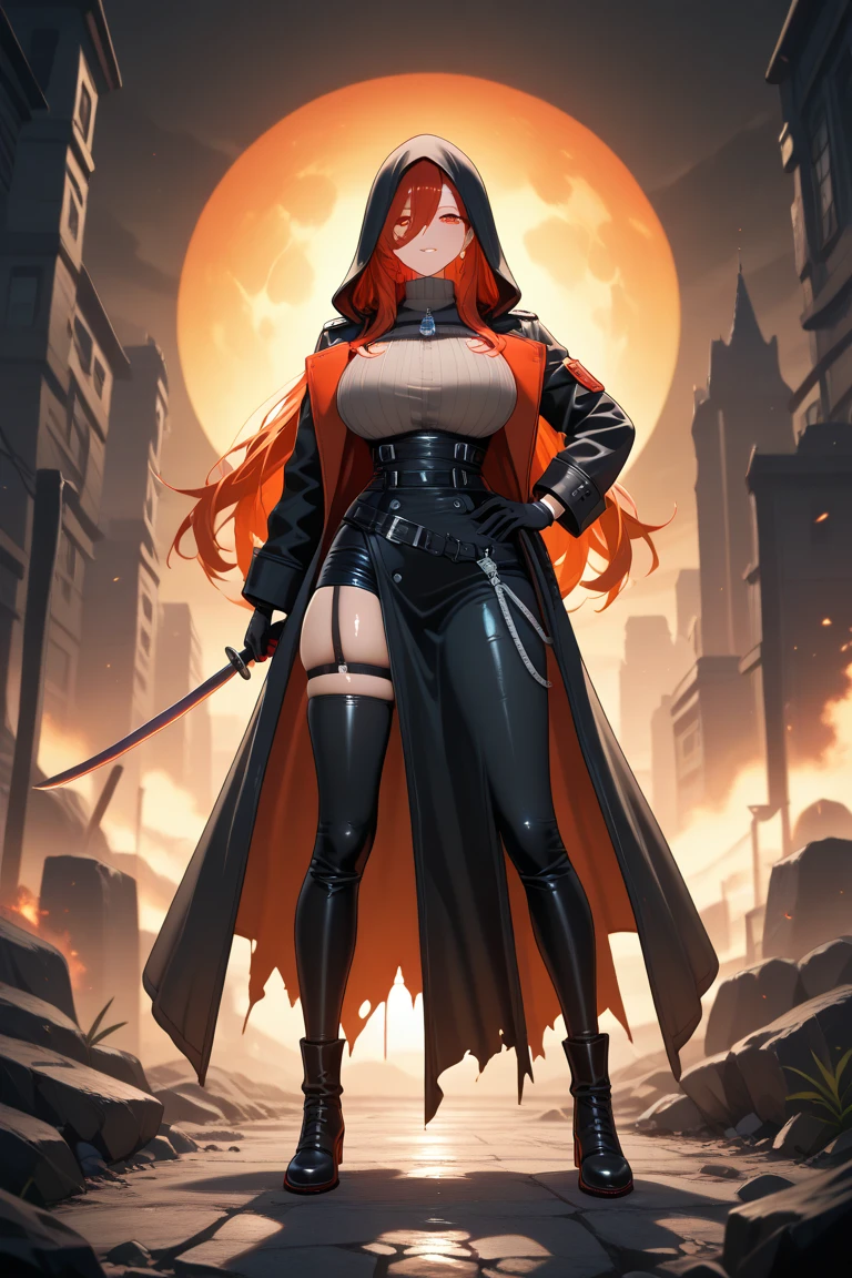 (masterpiece:1.37), woman, mature, extremely detailed eyes and face, long straight hair, (red hair:1.5), yellow eyes, military uniform, cloak, torn cloak, ripped cloak, flame-print cloak, futuristic, science fiction, hologram armband, unicursal hexagram-shaped pupils, standing, large breasts, futuristic, science fiction, hologram armband, best quality, 8k, highres, ultra-detailed, studio lighting, ultra-fine painting, sharp focus, physically-based rendering, extreme detail description, professional, vivid colors, bokeh, extreme attention to detail, tsurime, messy bangs, long bangs, bright red hair highlights, two-tone hair, full body