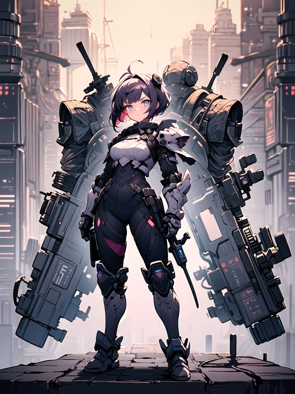 best quality, high_resolution,girl, mechanical arms, cityscape