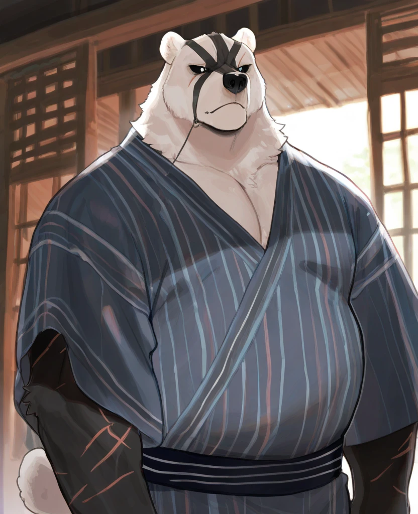 Realistic_fur Vysache, daddy rabbit , realistic rabbit ears, animal nose, one-eyed, red eyes, white fur, chubby fat, (black kimono), beads, pink coat,calzoncillo in sumo shorts por black, verg half bulge, sweat in face, big huge chest to big chest por fur trim, smirk, outdoors, plains, rice paddy, rice field, sunset, upper body, ghibli style, lying in bed