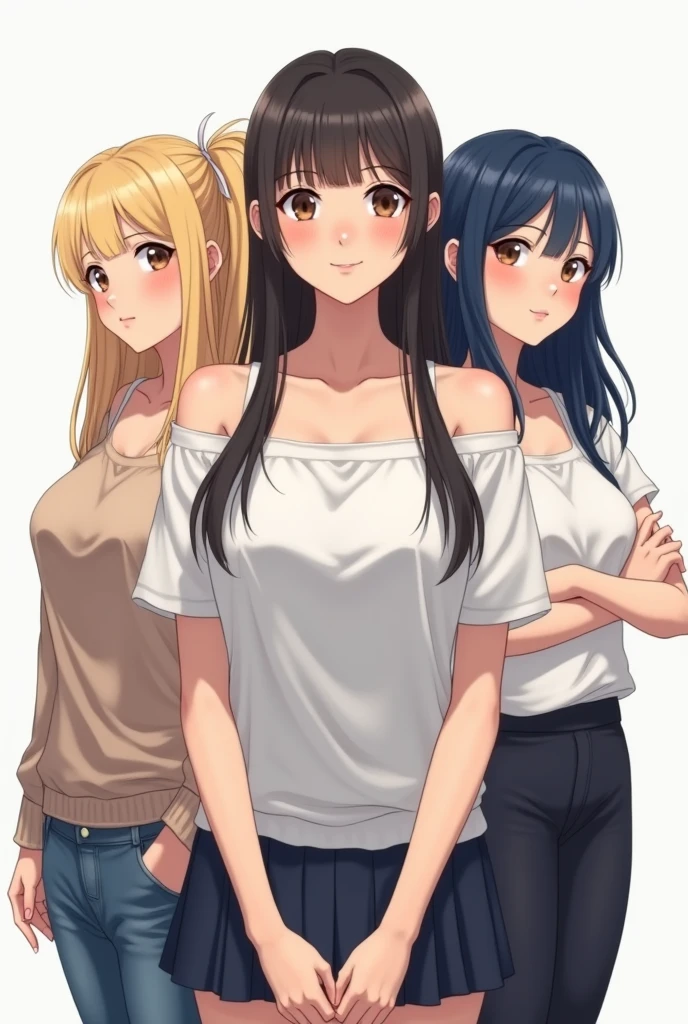 four sexy women looking at camera, in casual outfits, flustered smiles, various hair, view from below
