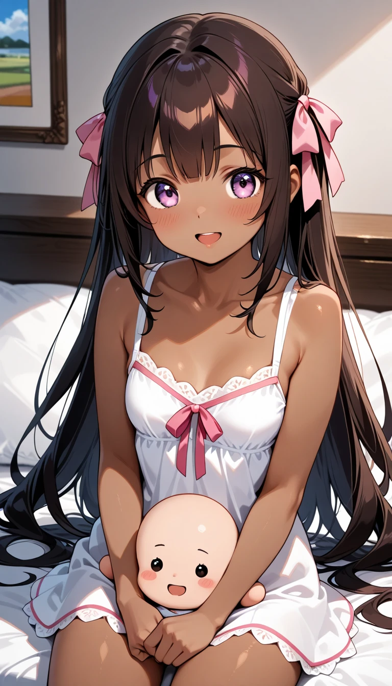 realistic portrait of a beautiful 9 month old African American baby girl ((dark skin color)) ((petite, small, pov, father)), cute fear, ((sitting on a pink bed)), wearing slut dripping, Instagram fashion, current fashion , mega hair long curly hair, lingerie, pov, wide mouth, crying, vagina, spread dripping, sweating, screaming.