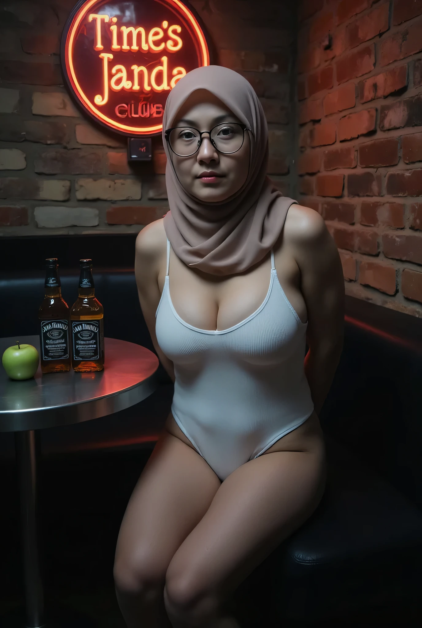  SUPER THIN OLD LADY, memakai kacamata rabun,  (Thighs and calves huge muscles), (((MOODY FACE EXPRESSION))), "Wearing Hijab perfectly",  wearing Scoop Neck Sleeveless White Bodysuits singlet swimsuit rose prints, (KEDUA BELAH TANGAN DILETAK LETAKKAN DIBELAKANG PUNGGUNG) PLEASE DON'T PUT ANYTHING ROPE!!!,
   THIN SKINNY HIJAB INDO MALAY Jumbo (Singlet ), 1 girl,  'MOODY FACE EXPRESSION', Half body portrait, (face details: 1), (Eye details: 1), ((Big breasts)). ultra high res. realistic: 1.4, UHD, (((dark background))),  Background worn old brick wall, round Signboard 'Time's Janda Club's neon light at wall, Sitting on a round table stainless steel A two Bottle of Whiskey 'Jack Daniels and two green apple' Above it