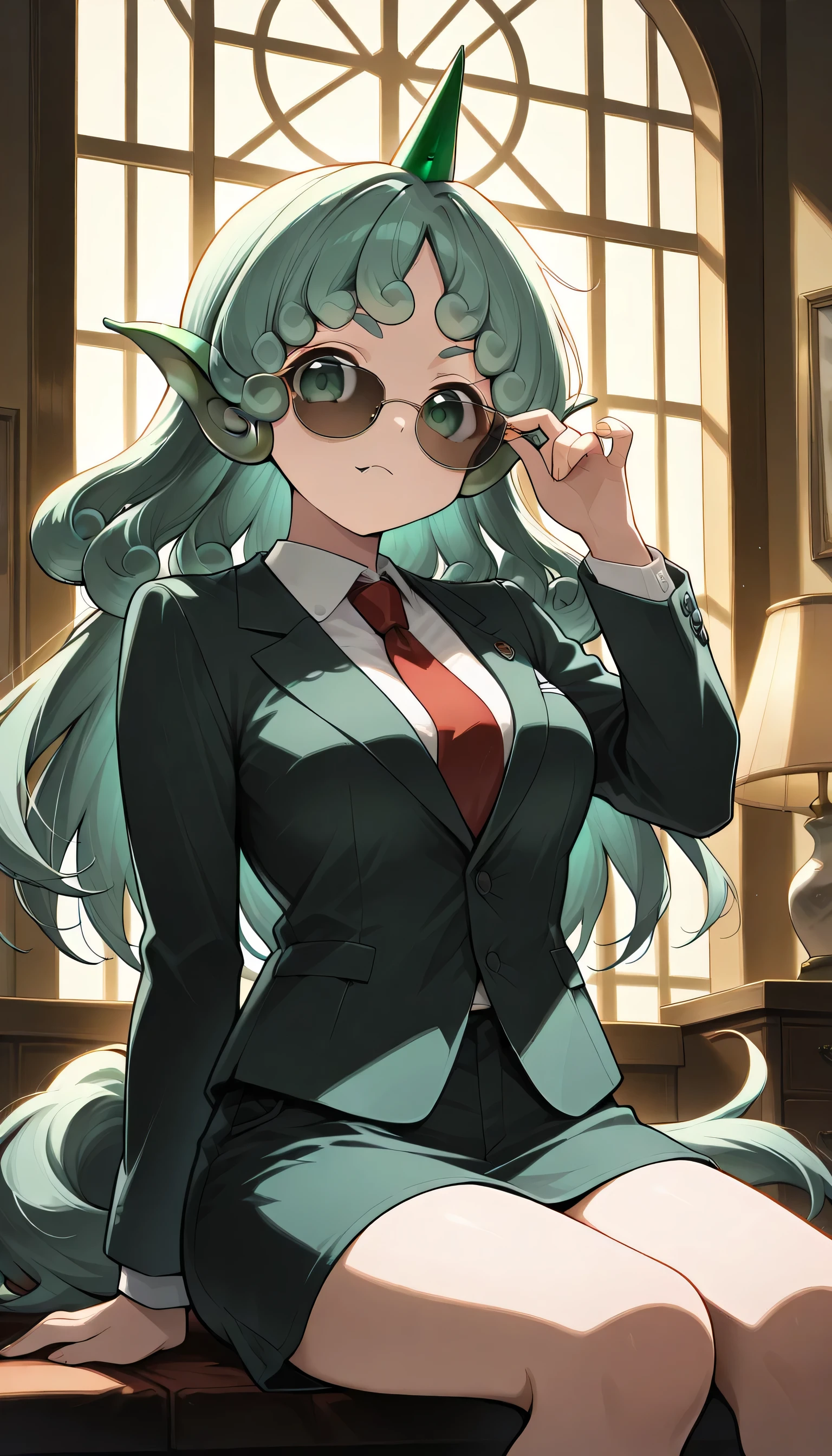 Give your images flat even illumination (negative) or dramatic chiaroscuro lighting (positive), 1girls, medium breasts solo, , sitting, looking_at_viewer, indoors, , window, solo, , sunglasses, suit, formal, necktie, , adjusting_eyewear, long_sleeves,komano aunn, 1girl, solo, green eyes, green hair, curly hair, komainu ears, long hair, single horn, tail, fang,