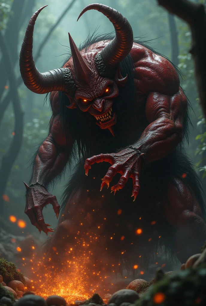 Like a human, four-horned, three-eyed, large fangs, frightening face, bloodstains on face, reddish facial skin noisy like a snake, extremely angry expression, big earrings, white eyeballs, pointed ears, human bones background, messy long white hair, scary atmosphere, muscular body, gripping fire with both hands, veined, long black claws, bloodstained teeth.