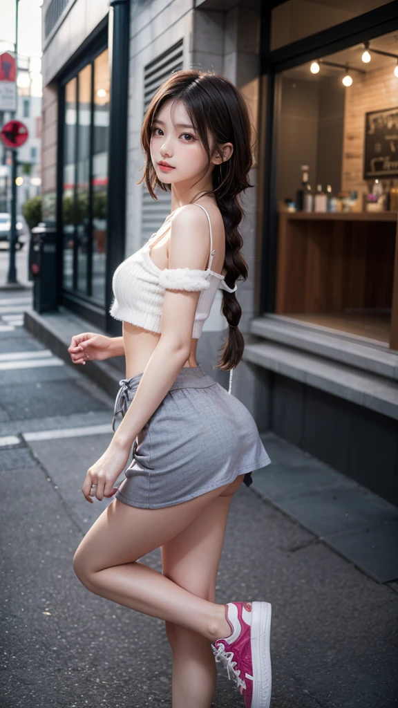 tmasterpiece,best qualtiy,a realistic style,Real pictures,be full of details,depth of fields。The subject of the picture is a moving girl,Exquisite makeup,Face perfect。She is dressed in coral-colored tulle,Tall and tall,Thin waist and wide hips,There are dents left on the legs,It has a delicate ponytail that adorns her hair。The eyes are red,Bright red lips。The picture rendering effect is high,And through colors and curves to express the sexy beauty of women。The girl's introverted and shy look as well as a vest,short skirt,shorter pants,Yoga pants for,Tight skirt,skin-tight short-pants,stocklings,fishnet stockings,pyjamas,pleatedskirt,Skirt,Clothing such as hip skirts further conform to this pictorial style。The use of sweat makes the whole picture more realistic and moving,It feels like she is experiencing an energetic experience、The process of challenge and self-adjustment。