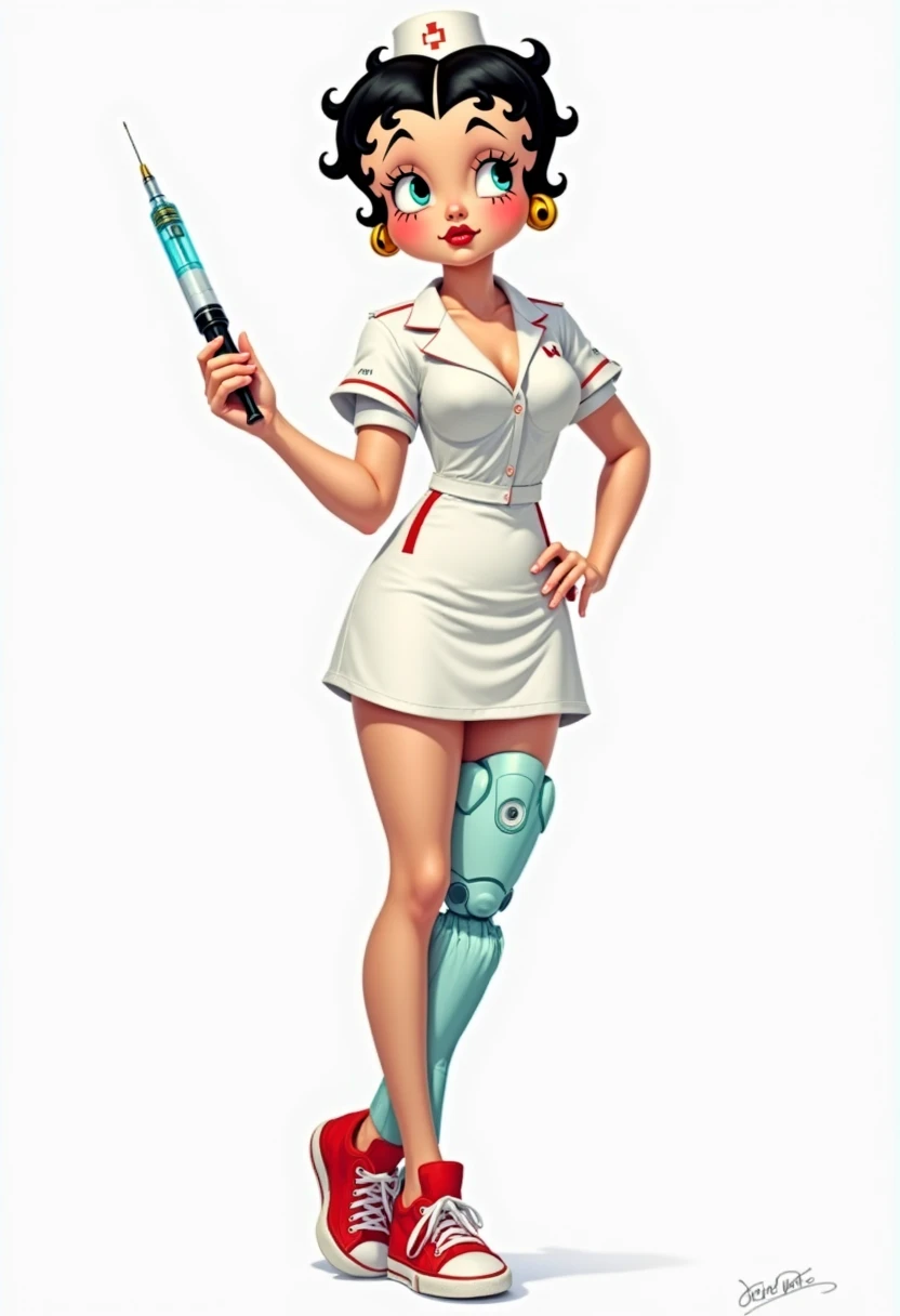 A girl holding a big body-sized syringe in a sexy nurse outfit in 2d style