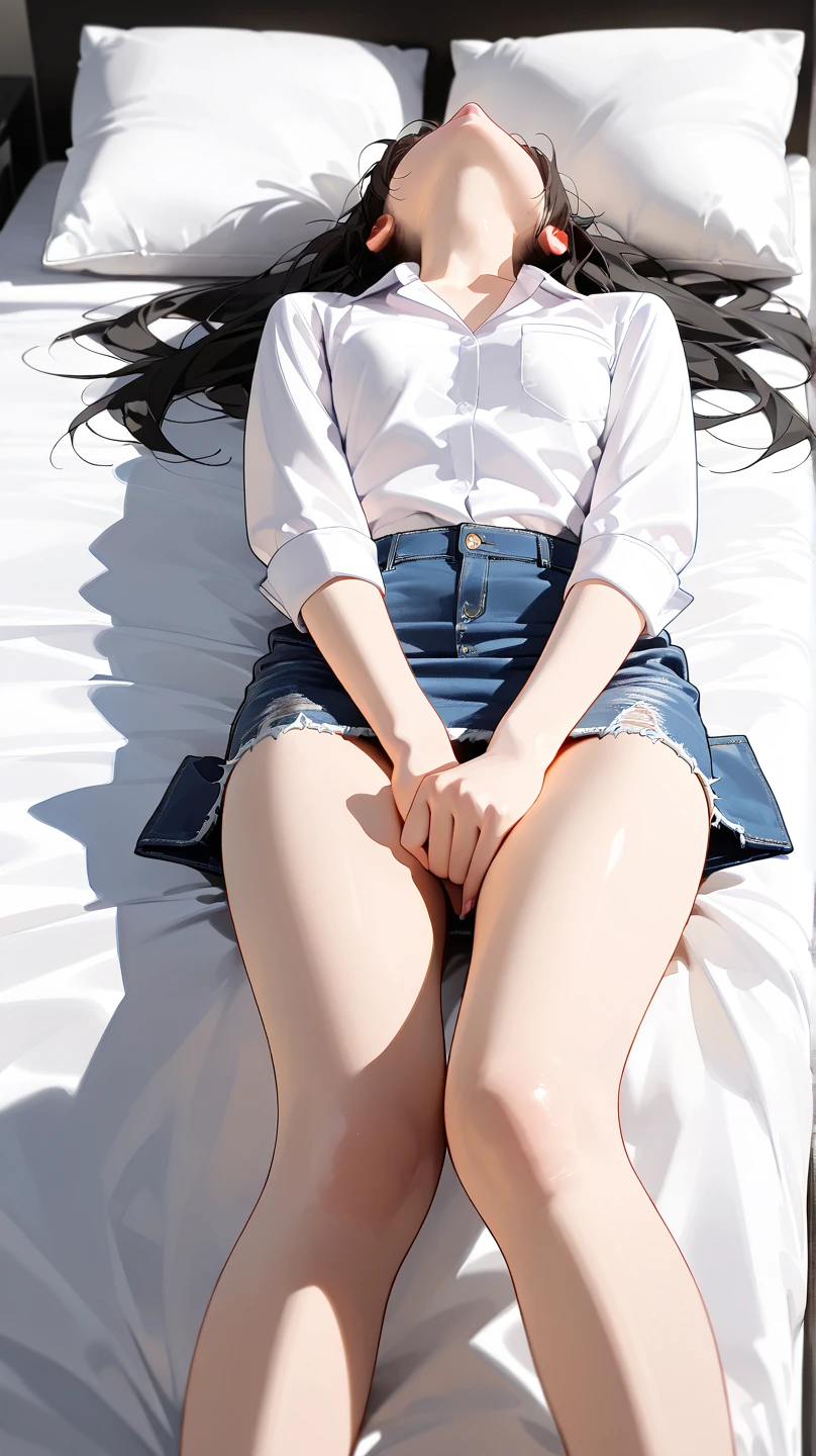 (Photoreal: 1.4), (Hyperrealistic: 1.4), (Realistic: 1.3), (Smooth Lighting: 1.05), (Improved cinematic lighting quality: 0.9), 32K, 1 female, 24 years old business woman, angle from above looking down on bed, looking up at camera in bed, realistic lighting, backlight, face lights, ray tracing, (bright light: 1.2), (quality improvement: 1.4), (quality improvement: 1.4), (quality realistic textured skin: 1.4), fine detailed eyes, detailed face, fine quality eyes, dark brown eyes, (tired, sleepy and satisfied: 0.0), white blouse, dark blue tight skirt with slits on the side without any fitting ornaments, dark brown hair, pure white silk socks, black strap pumps, ( White silk socks of shiny sleek fabric: 1.5), dark brown hair, (lying in bed: 1.4), facing the camera, legs open, (full body: 1)