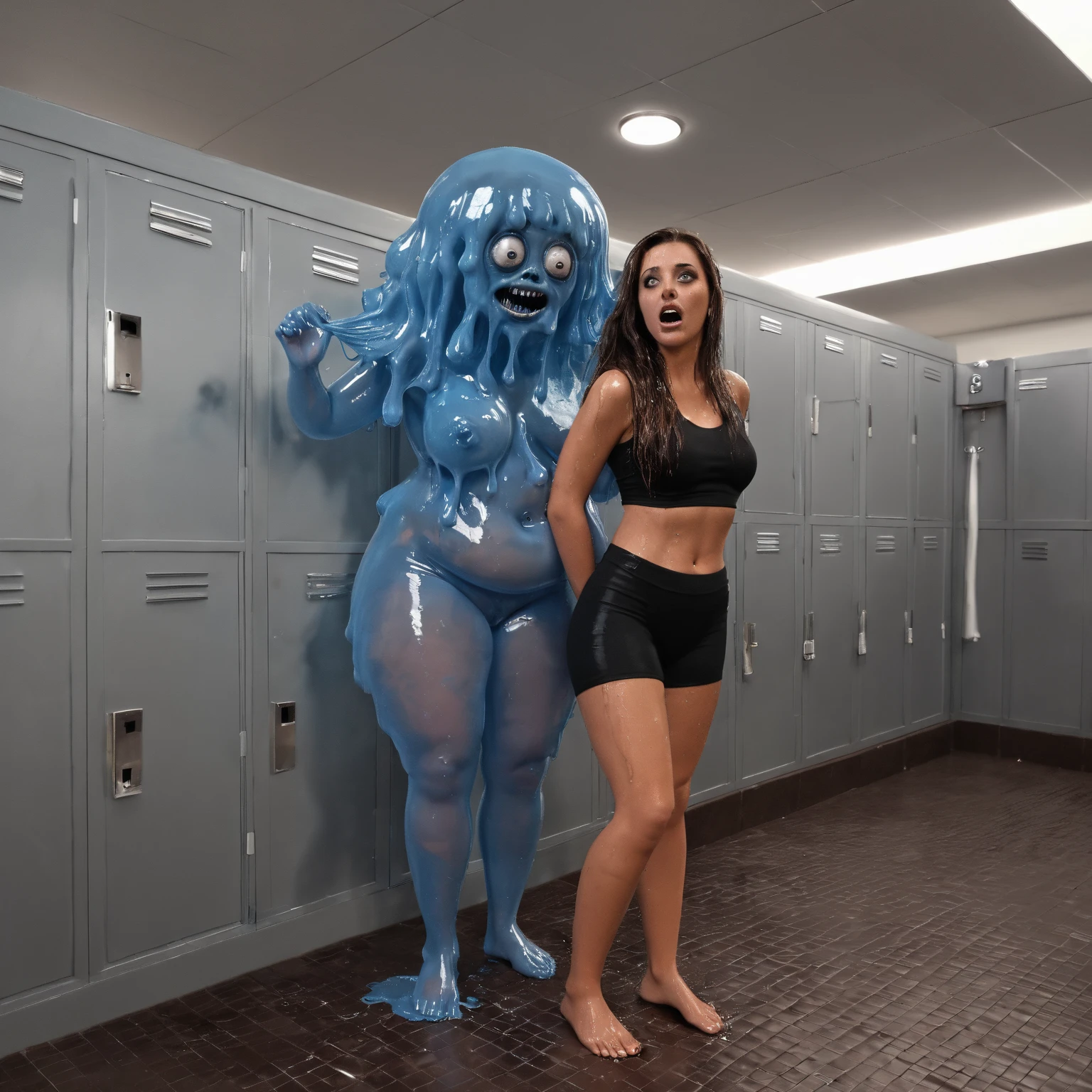 (slime vore) Three gorgeous women (varied height, varied weight, varied race, dressed appropriate to the scene, crazy hairdo, crazy jewelry, tend towards fit and hourglass figure) they are scared and struggling a steamy women's locker room, being caught by tentacles which forcefully restrain their arms and legs while being absorbed by horror monster 'The Blob', damsel in distress, damsel demise. One woman is live streaming about how scared she is while holding her cell phone
