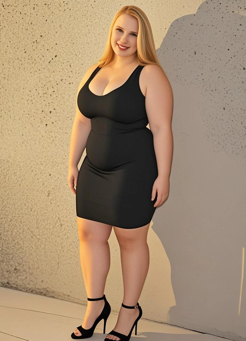 masterpiece, (photorealistic), (8k wallpaper) , (best quality), perfect quality, solo, (detailed eyes), girl, blonde hair, very beautiful, (side view), young, pose: (sitting on chair, side view, donut in arm, arm on belly, looking forward), face : (make up, young, very beautiful face, very plump face, very plump cheeks, double chin, very beautiful, cute face, young, big eyes) , figure: ( very full body, very full figure, very thicc, very thick, chubby, chubby belly, chubby belly bottom, navel, very soft, very curvy, love handles, sexy curves, sexy pose, sexy, muffin top, very thick thighs, thunder thighs) , clothes : (tight long black dress, black tights)