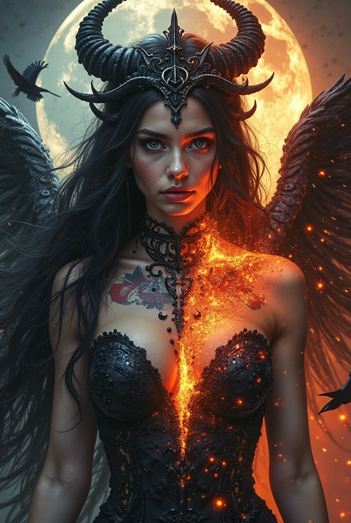 (1girl:1.3), solo, long hair, breasts, looking at viewer, shirt, black long hair, red eyes, long sleeves, cleavage, standing, torn clothes, blood, glowing, fire, glowing eyes, torn shirt, torn pants, black lips. ((The girl is engulfed in flames, but the fire does not cause her any harm, only her clothes are burning)), highly detailed, sharp focus, beautiful, intricate, ambient background, deep aesthetic, very inspirational,, bright color, illuminated, striking, iconic, cinematic, fine detail, full pretty, perfect, stunning, inspired, epic, artistic,concept art,intricate artwork masterpiece,dreamy glow,mysterious,cinema4d,blender,3d fractals,bioluminescence,cinematic