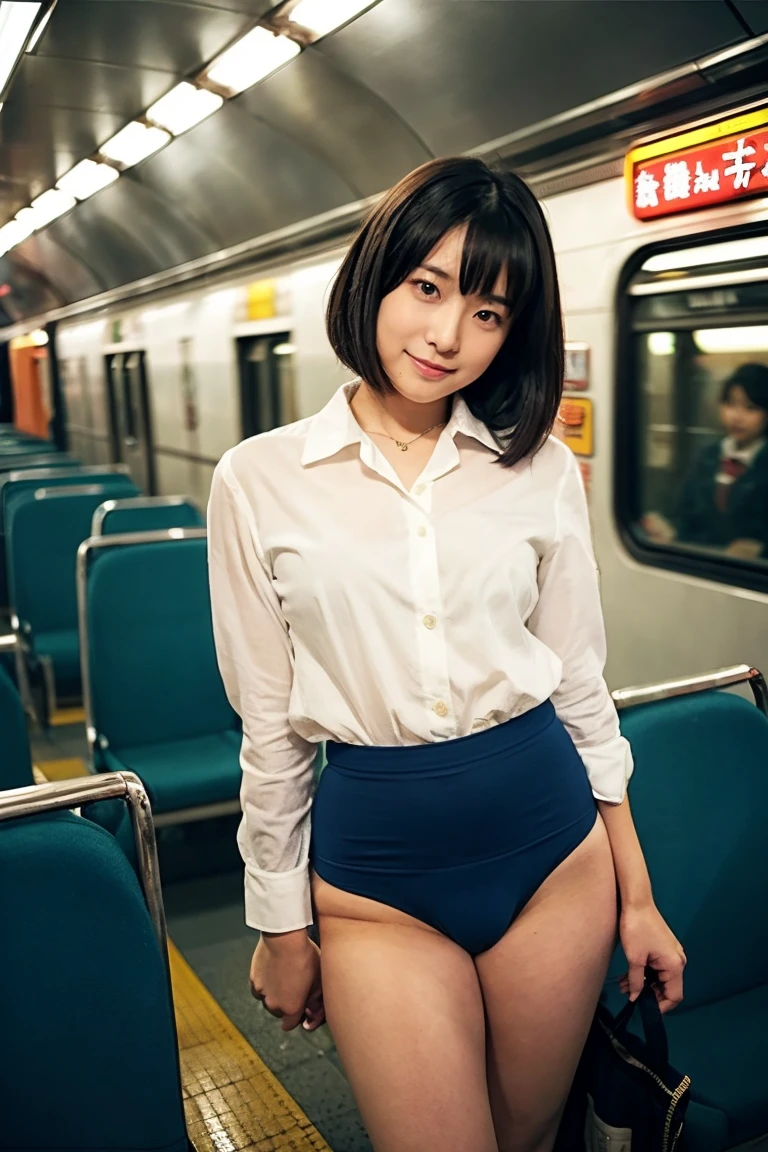 highest quality、8K、clear pictures、clean face、no makeup、masterpiece、ultra high resolution、Photoreal、realistic、18 year old girl、baby face、idol sculpture、National beautiful girl、pretty girl、big breasts、thin waist、round eyes、very short hair、smile、delicate face、beautiful skin、Standing on the platform of the station、crowded station、Wearing a white casual mini dress、remove all buttons、show your chest、big erect nipples、Pull up your skirt yourself:1.6、skirt lift:1.6、Show white panties、
