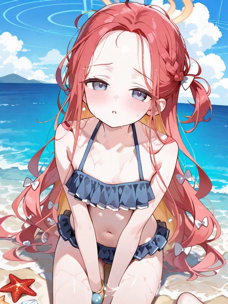 best quality, insanely detailed, nino nakano, breasts, blush, swimsuit, halterneck, striped tops, flower print,