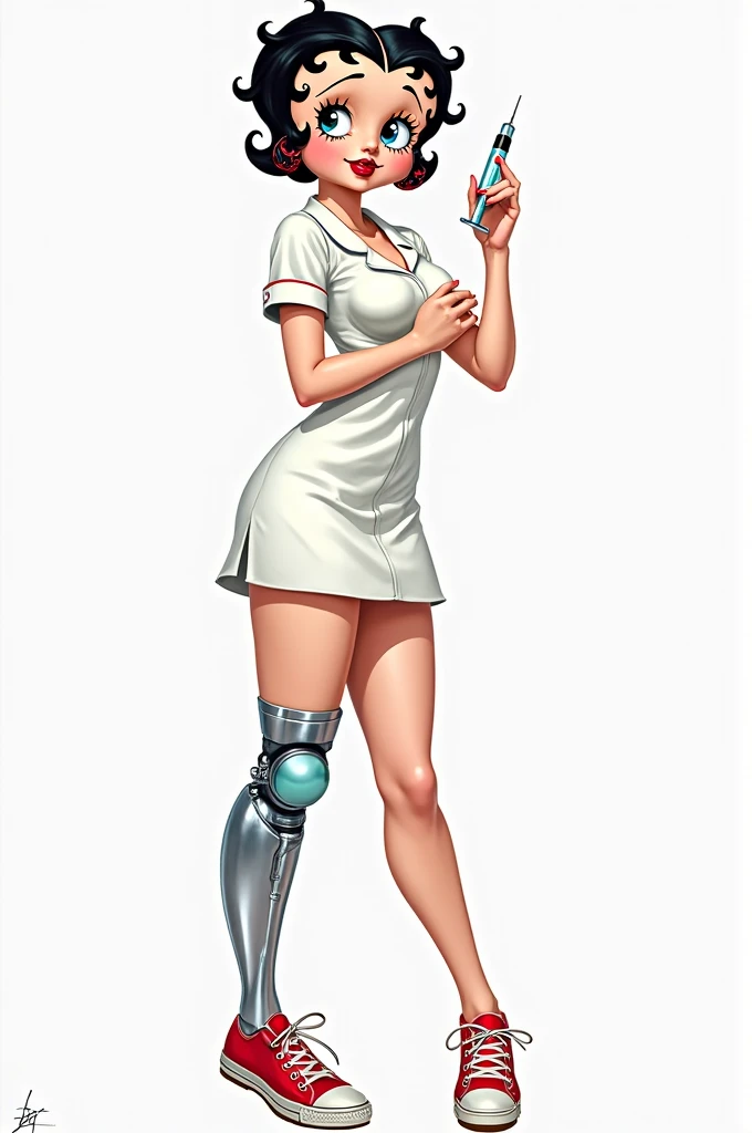 best quality, 1girl, solo, standing, classroom, medium hair, black hair, straight hair, looking at her prosthetic leg, small breasts, (prosthetic leg:1.2), full body, smiling, swimming suit, leotard, dark blue leotard, black blue swimming suit, barefoot.