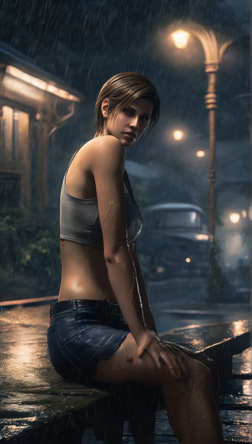ellie from the last of us, wet white tshirt, no bra, high res, ultrasharp, 8K, masterpiece, looking at viewer, nsfv, in road