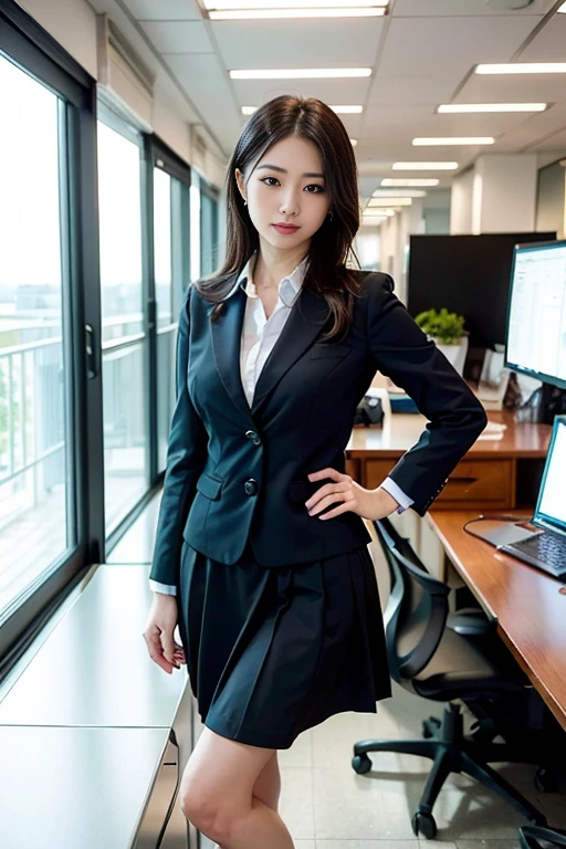 Smiling Woman, (((shorth hair))), Business suits,((long skirt)),(masterpiece, top-quality, Near and far law), beautiful expression, in 8K, Raw foto, Photorealsitic, film grains, chromatic abberation, hight resolution, ultra-detailliert, finely detail, 动态照明, Dramatic Lighting、shadowy、extremely detailed eye and face、Round pupils、(((Modern and luxurious office)))、long legged
