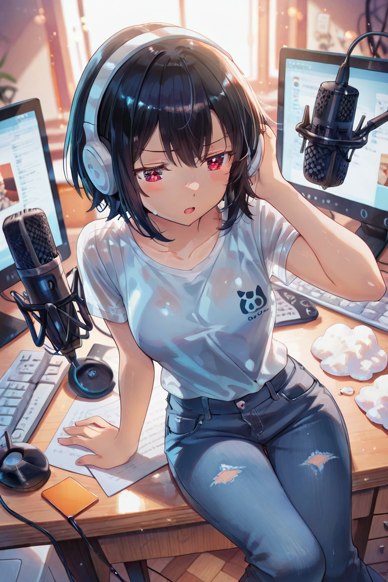 anime style,artistic, masterpiece,best quality,ssuper detailed,super fine illustration, highly detailed, dynamic angle, beautiful detailed, 8k,detailed background, On a summer afternoon, in a music studio, BREAK a female is dancing . She is wearing a white T-shirt with a graffiti art-style cat illustration.Break very short hair,flat chest,black hair,red-eyes,(full-face brasched:1.3),perfect hands,perfect fingers,Tsurime ,thick eyebrows,holding microphone in right hand,headset,pov,perfect legs,cool,cat years,cat pose,(LoRA:0.7),dancing
